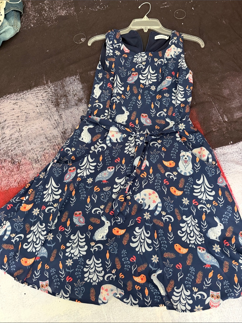 Ladies Navy Animal Print Dress with Belt and side pockets